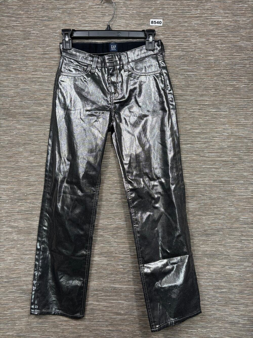 Gap Jeans Kids 12 Silver Metallic Coated Straight Denim Pants Zip Pockets